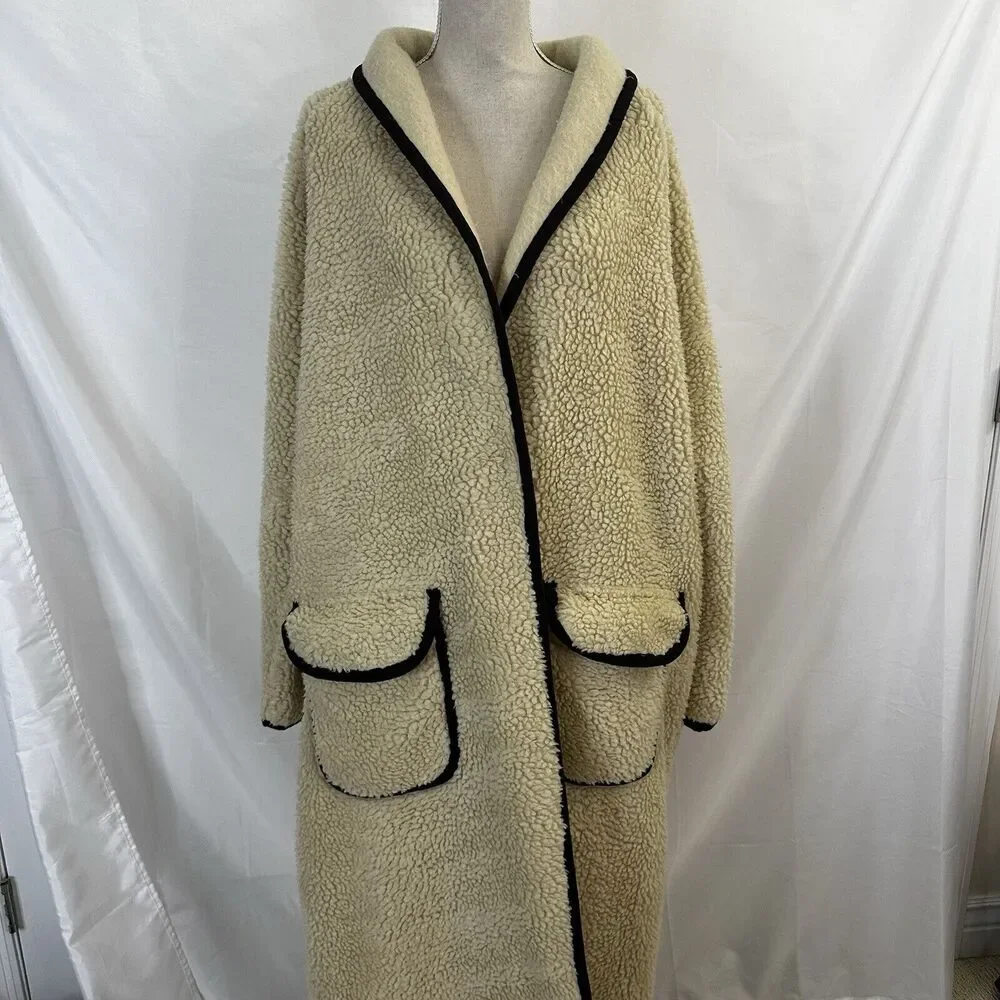 Free People Irresistible Teddy Cardi Maxi Jacket Pockets Oversized Ivory LARGE - Picture 2 of 9